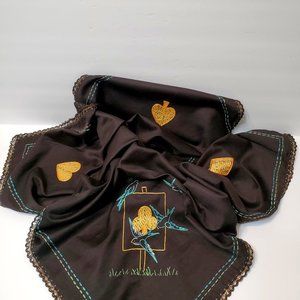 Hand Embroidered Card Table Cover, 35", Needlepoint, Black Tablecloth, Blue Bird